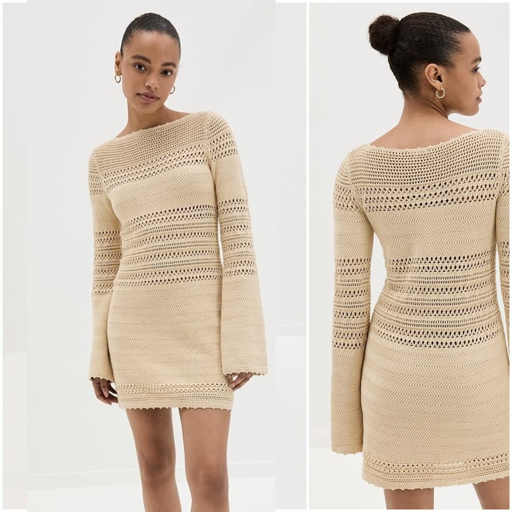 Reformation Inda Open Knit mini Dress in birch Beige XS